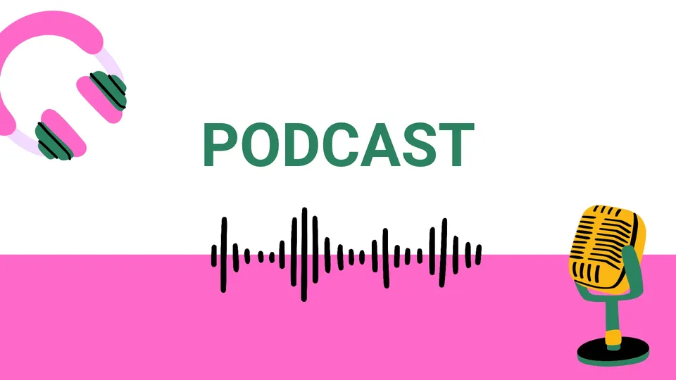 Illustration: Schriftzug «Podcast» mit Kopfhörern, Mikrofon und Tonwelle